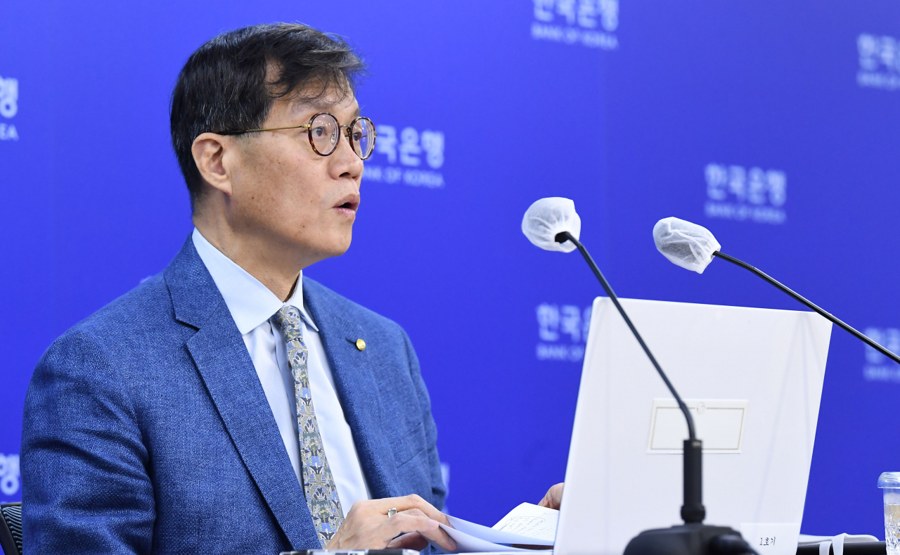 BOK Gov. Rhee Chang-yong speaks at a press briefing on inflation in Seoul on Tuesday. (Yonhap)