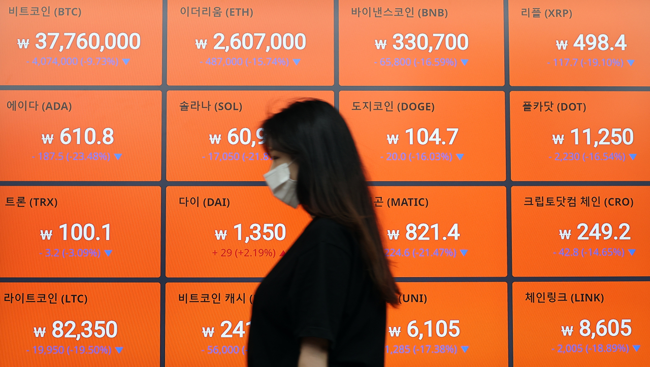 Electronic boards at Bithumb Korea customer center in southern Seoul show cryptocurrency prices on Monday. (Yonhap)