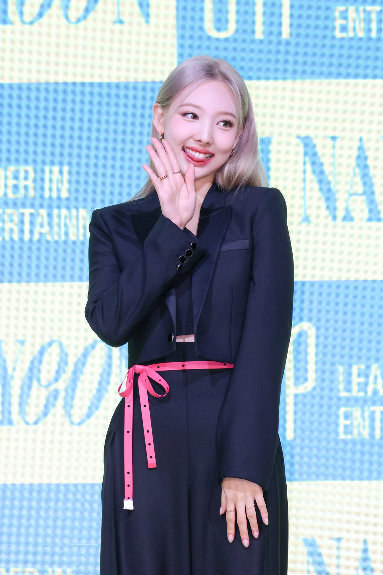 Nayeon of Twice holds a press conference about her solo debut EP “Im Nayeon” in Seoul on Friday. (JYP Entertainment)