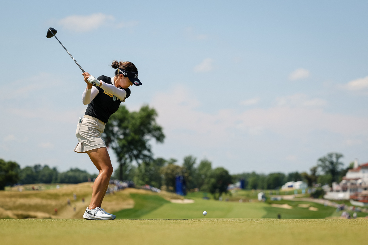 In this Getty Images photo, Chun In-gee of South Korea tees off on the 15th hole during the final round of the KPMG Women's PGA Championship at the Congressional Country Club's Blue Course in Bethesda, Maryland, on Sunday. (Yonhap)