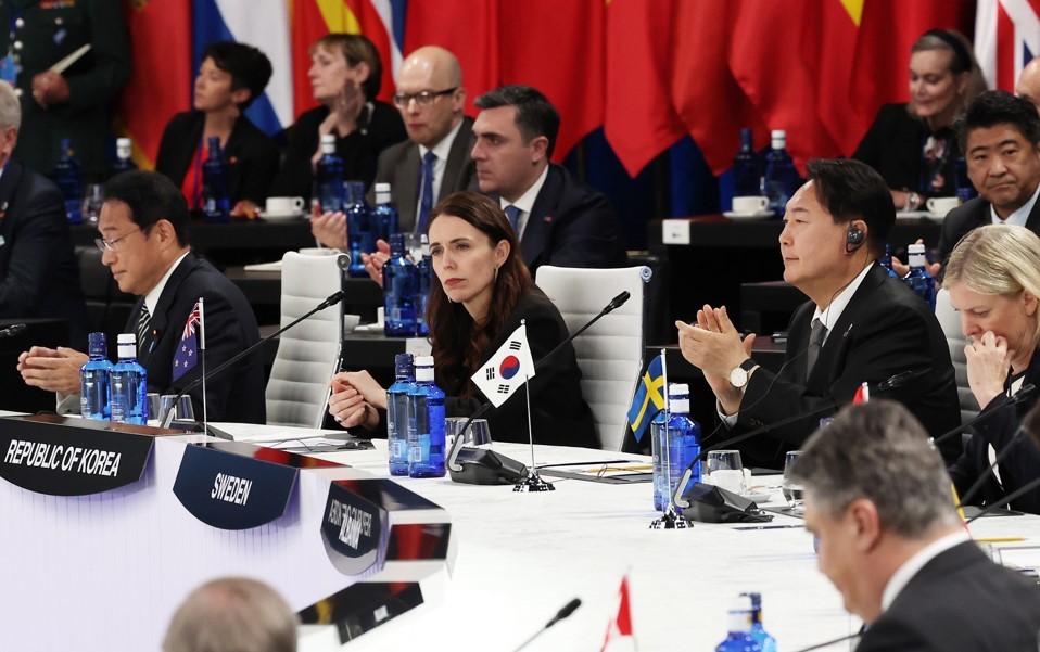 President Yoon Suk-yeol attends the meeting of the North Atlantic Council at the level of heads of state and government with partners at the NATO summit on Wednesday in Madrid, Spain. (Yonhap)