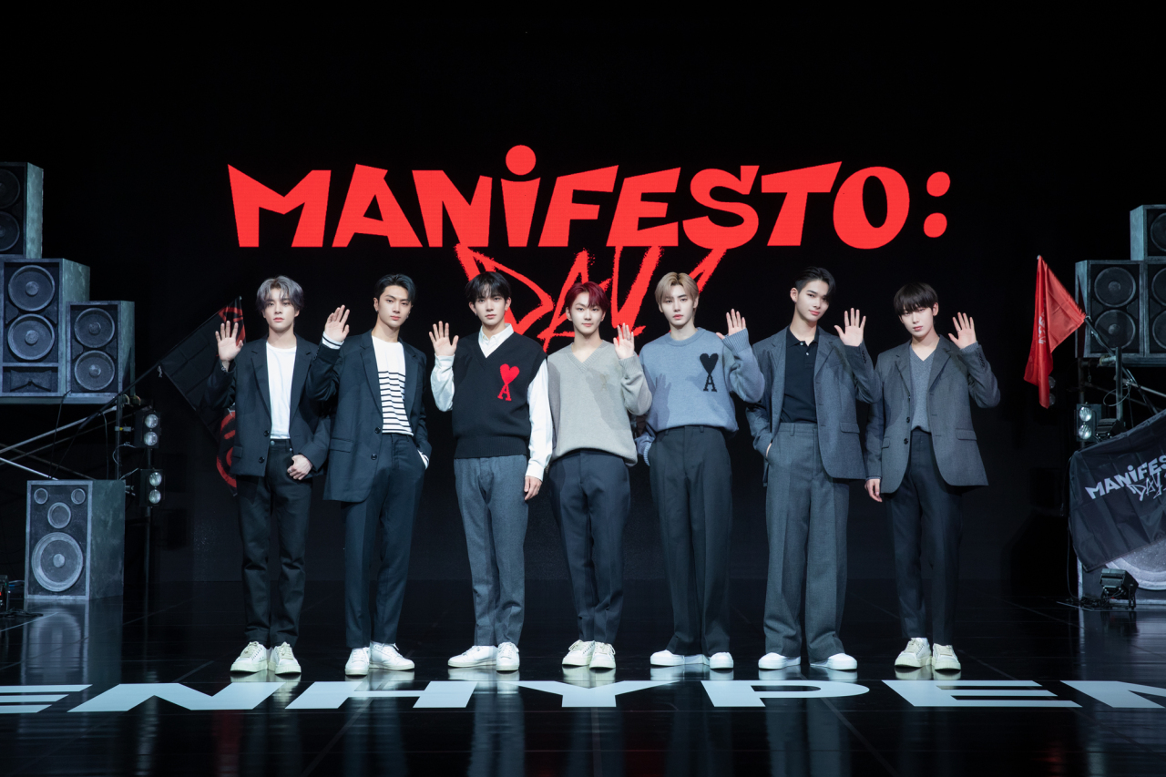 Enhypen poses during a press conference for “Manifesto: Day 1,” in Seoul on Monday. (Belift Lab)