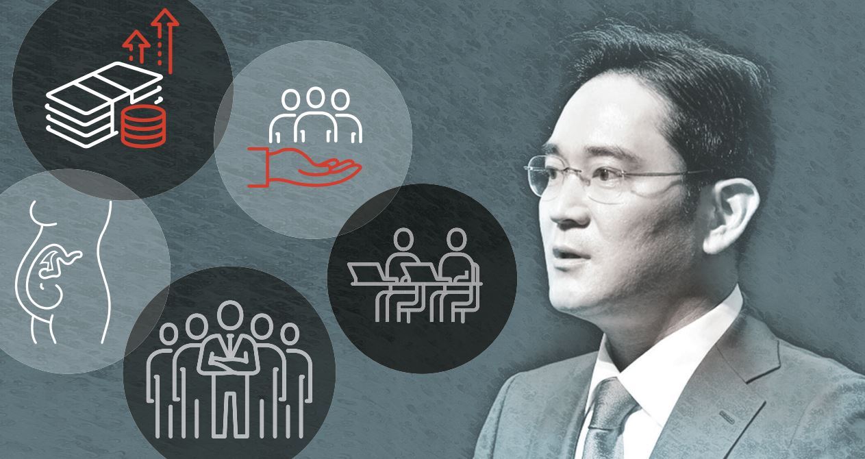 Samsung Electronics Vice Chairman Lee Jae-yong told reporters last month that a flexible work environment is crucial for the IT giant to navigate uncertainties at home and overseas. (Illustration by Park Ji-young/ Photo by Yonhap)