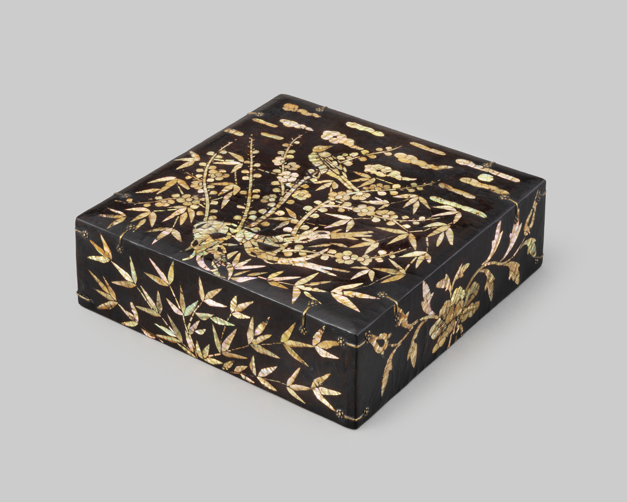 Mother-of-pearl inlay box with plum, bird, and bamboo design repatriated from Japan in 2012 (CHA)