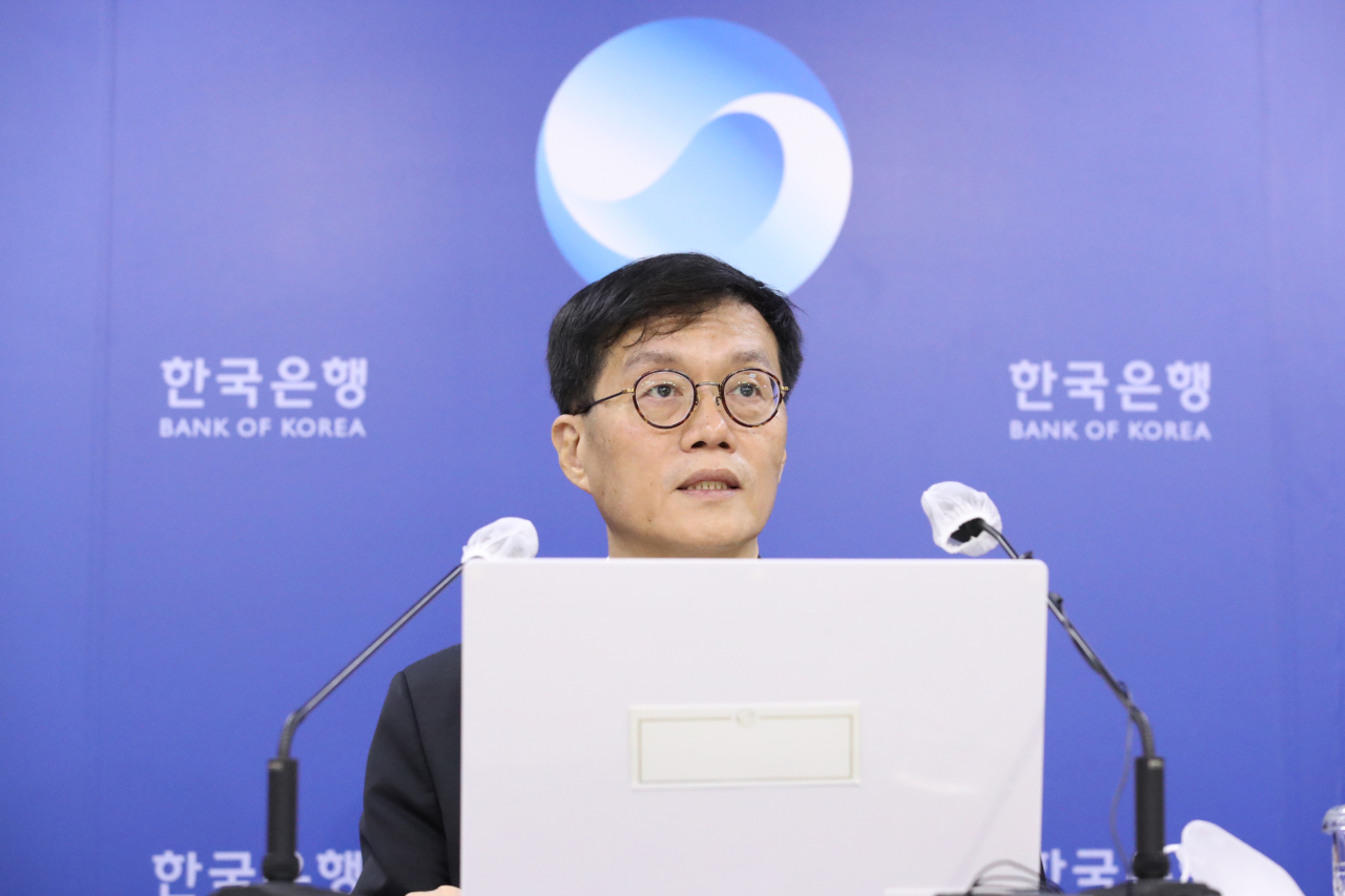 Bank of Korea Gov. Rhee Chang-yong speaks during a press briefing about the central bank’s decision to raise the benchmark rate by 50 basis points, the biggest increase since 1999, at the BOK headquarters in Seoul on Wednesday. (BOK)