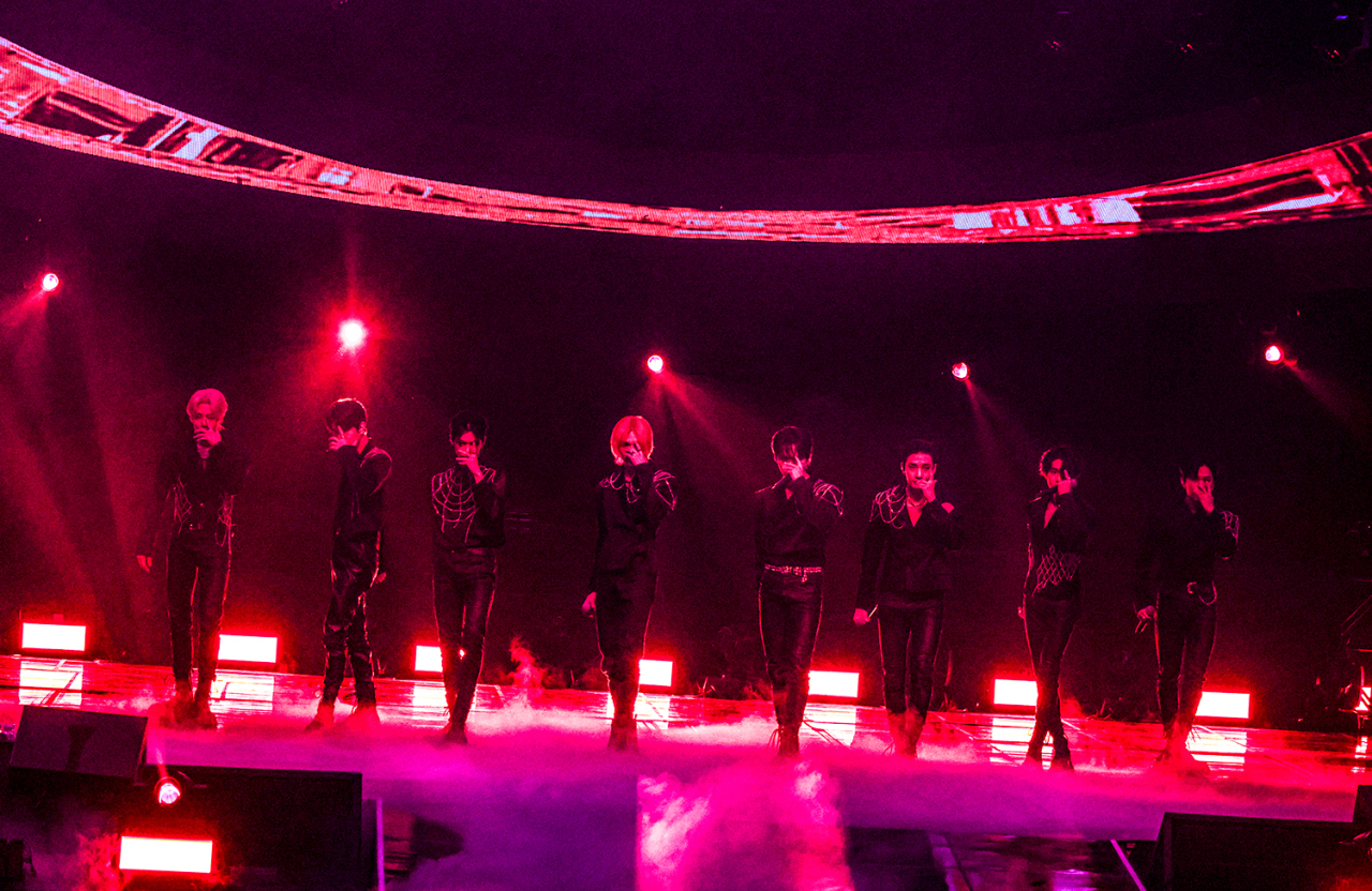 Boy band Stray Kids perform during its second world tour, “Maniac,” in Seoul on May 1 (JYP Entertainment)