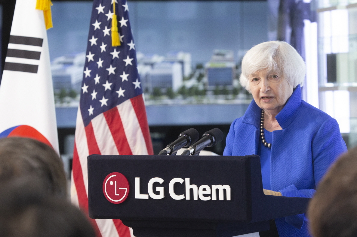 US Treasury Secretary Janet Yellen gives a speech during her visit to LG Science Park in western Seoul on Wednesday. (LG Chem)