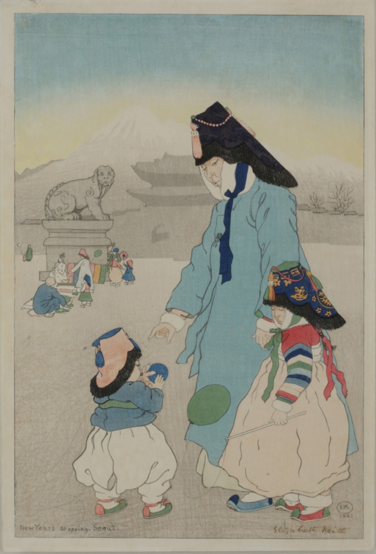 Korean mother and children dressed in colorful hanbok for a holiday, a work by Elizabeth Keith, Scottish artist and writer, in 1919. (National Folk Museum of Korea)