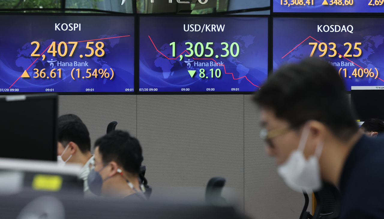 The electronic board at a dealing room of Hana Bank headquarters in Seoul shows the Korean currency’s gain versus the US dollar during Wednesday’s trading session. (Yonhap)