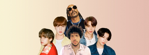 This photo provided by Big Hit Music shows BTS members Jin (2nd from L), Jimin (2nd from R), V (L) and Jungkook (R), with US producer-singer-songwriter Benny Blanco (C, bottom row) and rapper Snoop Dogg. (Yonhap)