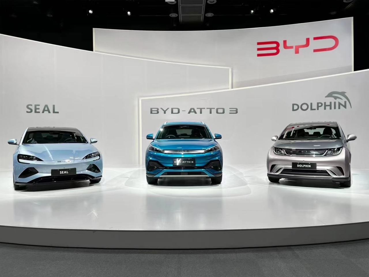 From left: BYD’s electrified models, the Seal, Atto 3 and Dolphin (BYD)