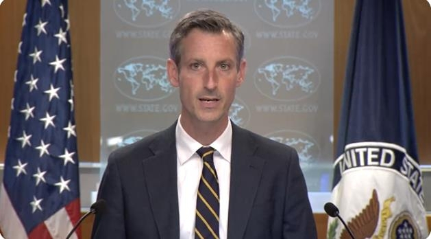 Department of State Press Secretary Ned Price is seen answering questions in a daily press briefing in Washington on Tuesday in this image captured from the department's official Twitter account. (Yonhap)