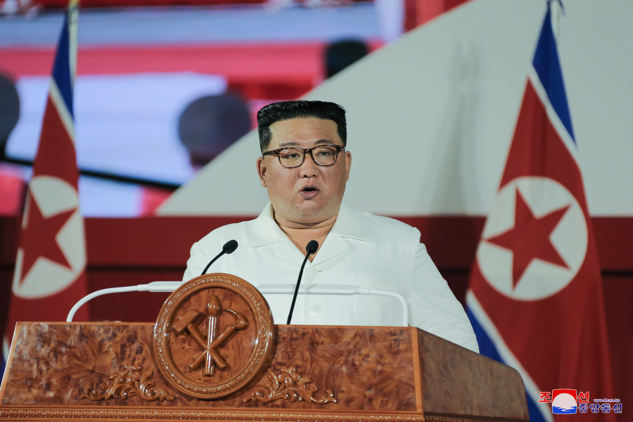 North Korean leader Kim Jong-un speaks during a ceremony in Pyongyang on July 27, 2022, to mark the 69th anniversary of the 1950-53 Korean War armistice that fell on the same day, in this photo released by the North's Korean Central News Agency. North Korea refers to the three-year conflict as the great Fatherland Liberation War. (Yonhap)