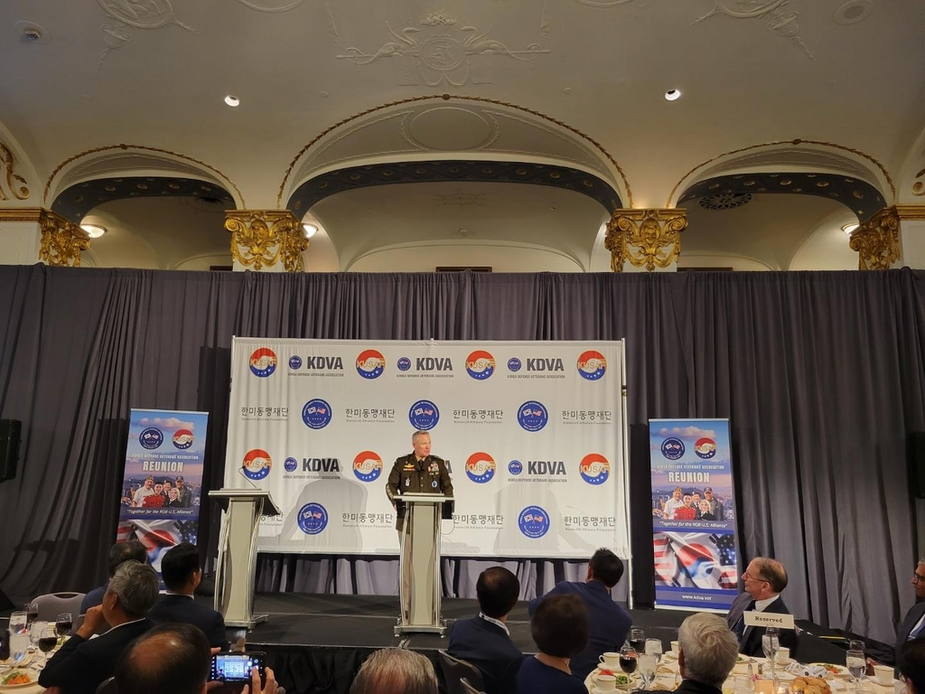 Gen. Paul LaCamera (at podium), commander of US Forces Korea, delivers a keynote speech in a dinner event in Washington on Thursday, jointly hosted by the Korea Defense Veterans Association and the Korea-US Alliance Foundation to mark the 69th anniversary of the signing of the armistice that halted the 1950-53 Korean War. (Yonhap)