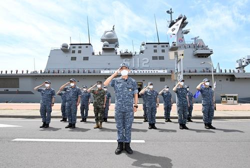 Members of a South Korean fleet salute during a ceremony at a naval base on the southern island of Jeju before they depart for Hawaii to join the Rim of the Pacific Exercise, in this May 31, 2022, file photo provided by the Navy. (Navy)