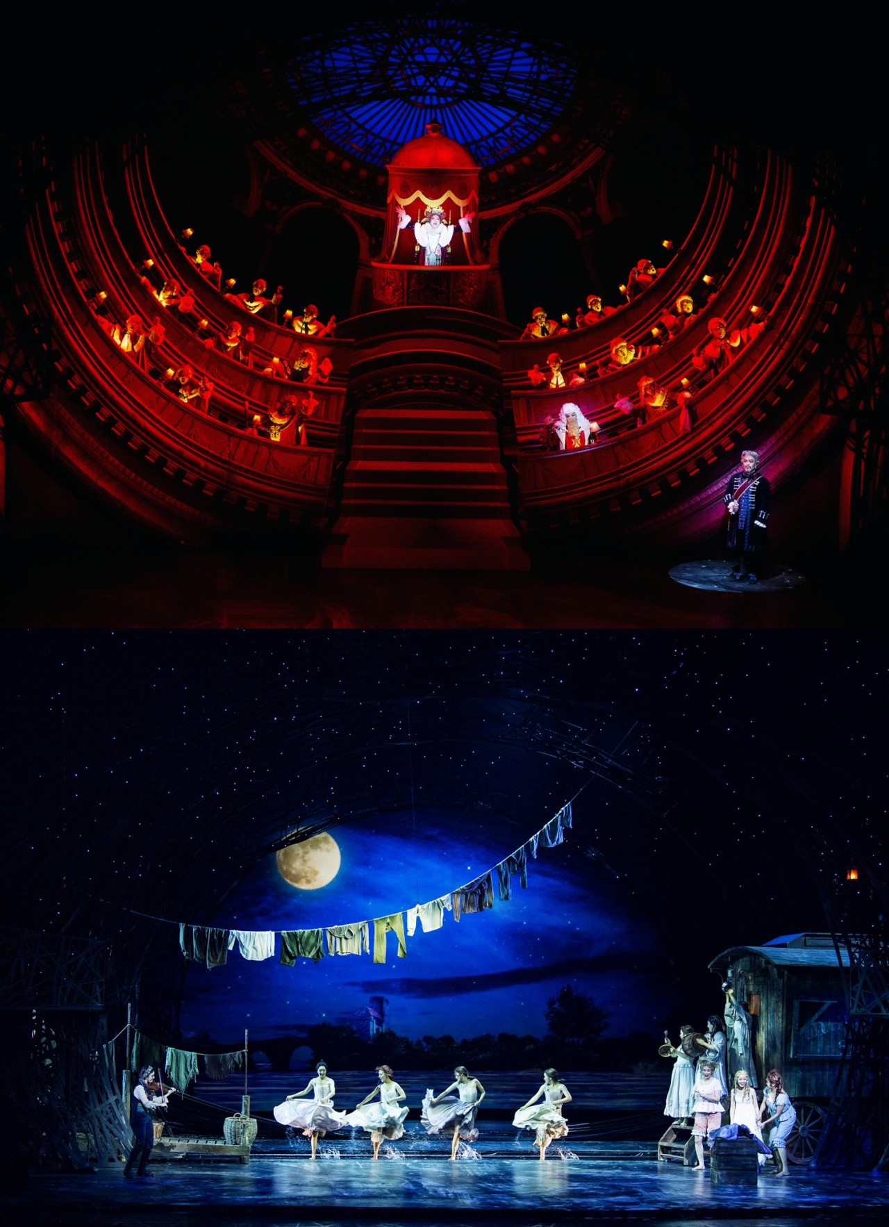 The musical “The Man Who Laughs” takes the audience to the House of Lords (top) to a village where a traveling theater performs. (EMK Musical Company)