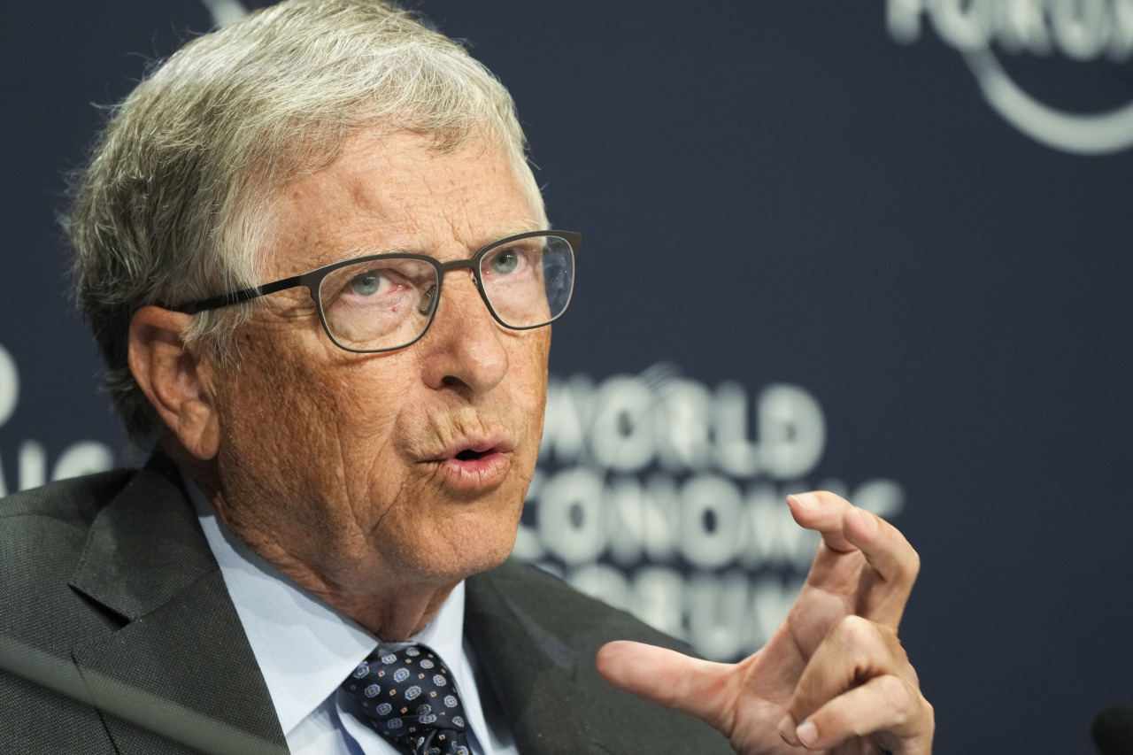 Bill Gates, co-chair of Bill and Melinda Gates Foundation, speaks at a news conference during the World Economic Forum in Davos, Switzerland on May 25, 2022. (AP-Yonhap)
