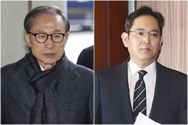Former President Lee Myung-bak, Samsung leader Lee Jae-yong (Yonhap)