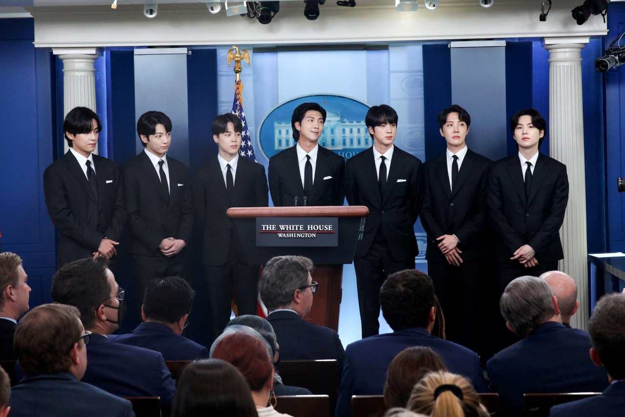 BTS speaks at the White House to discuss Asian inclusion and representation and address anti-Asian hate crimes and discrimination on May 31. (AP)