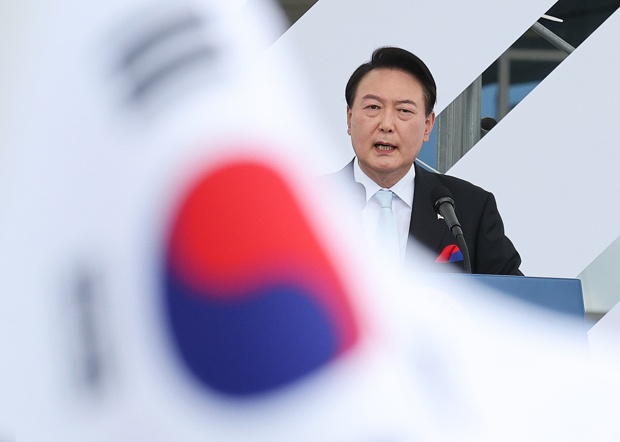 President Yoon Suk-yeol delivers a Liberation Day speech at the presidential office in Seoul on Monday. (Yonhap)