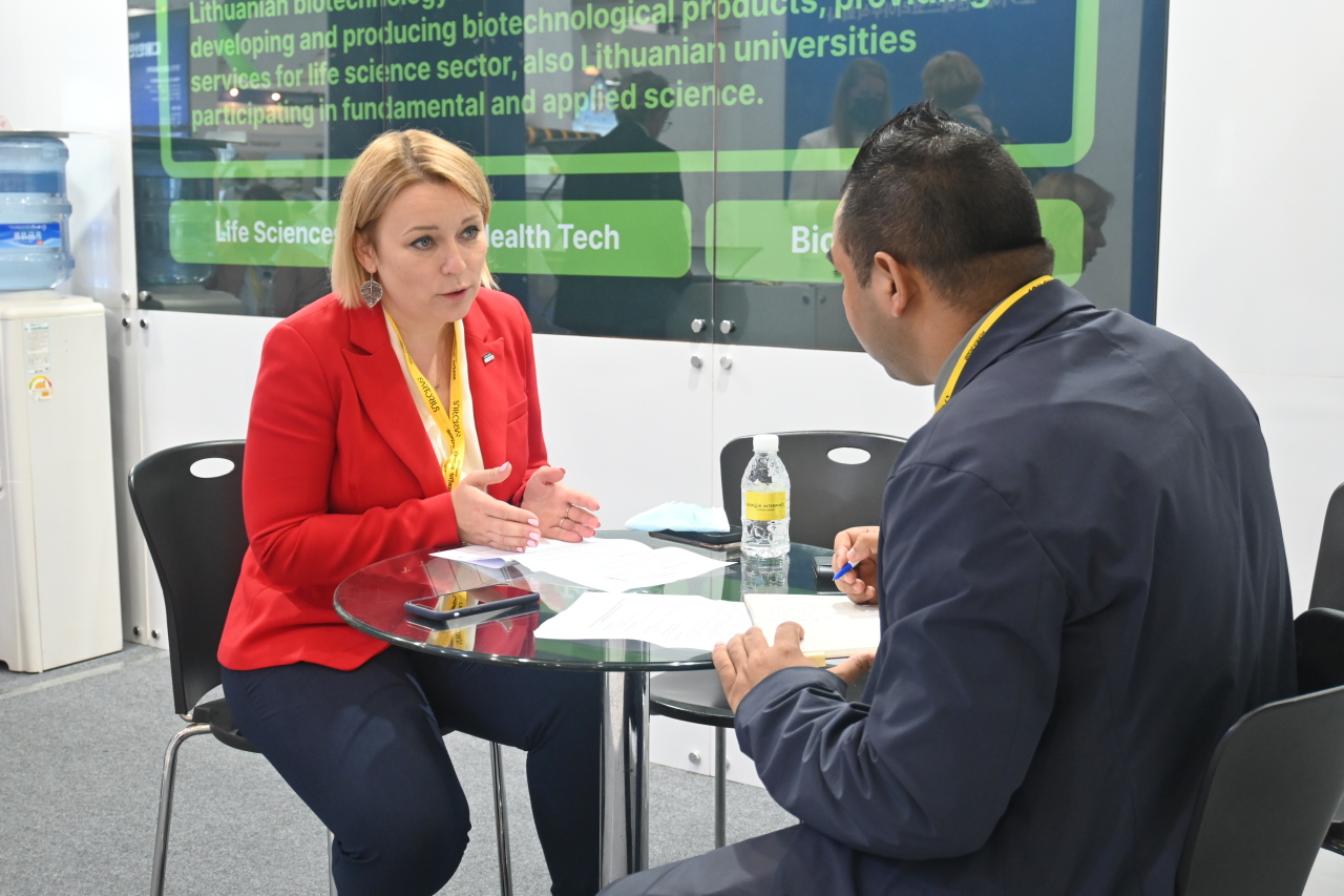 Lithuania’s Vice Minister of Economy and Innovation Jovita Neliupsiene discusses the potential of the life science industry in Lithuania during an interview with The Korea Herald at Coex in southern Seoul on Aug. 3. (Sanjay Kumar/The Korea Herald)