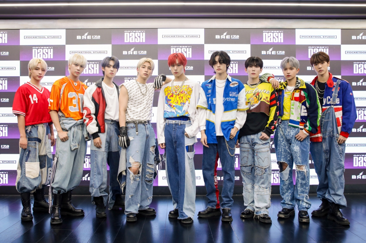 K-pop boy group BAE173 poses for photos during an interview with a group of reporters at Pocketdol Studio’s headquarters in Gangnam-gu, southern Seoul, Tuesday. (Pocketdol Studio)