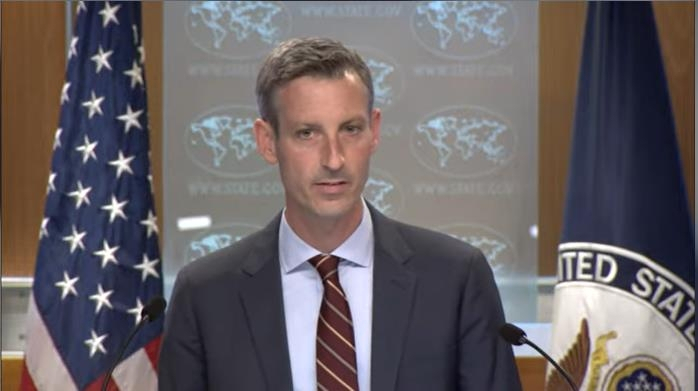 Department of State Press Secretary Ned Price is seen answering questions in a daily press briefing in Washington on Tuesday in this image captured from the department's website. (US Department of State)
