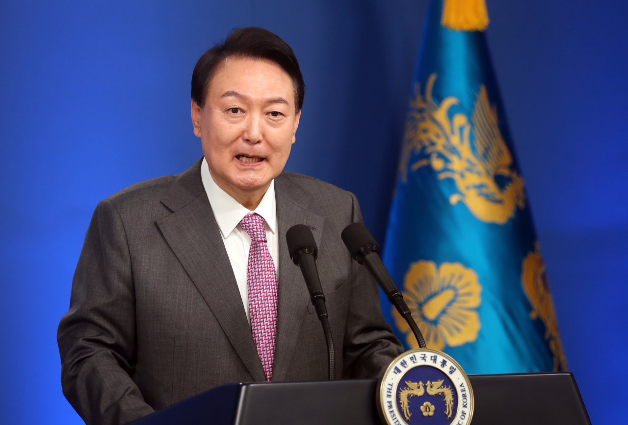 President Yoon Suk-yeol holds a news conference at the presidential office in Seoul on Wednesday, on the occasion of his 100th day in office. (Yonhap)