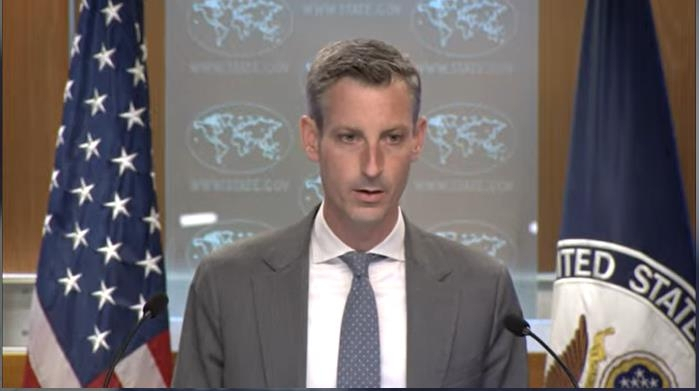 Department of State Press Secretary Ned Price is seen answering questions during a press briefing in Washington on Wednesday, in this image captured from the department's website. (Yonhap)