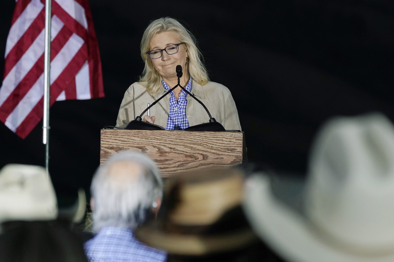 Rep. Liz Cheney, R-Wyoming, speaks at a primary Election Day gathering in Jackson, Wyoming, Tuesday. (AP-Yonhap)