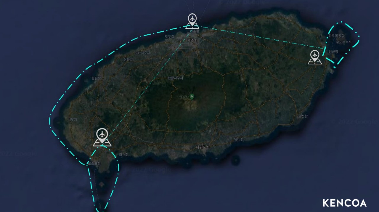 An air route for UAM and drone taxi that connects Jeju Island’s popular tourist spots. (Kencoa Aerospace)