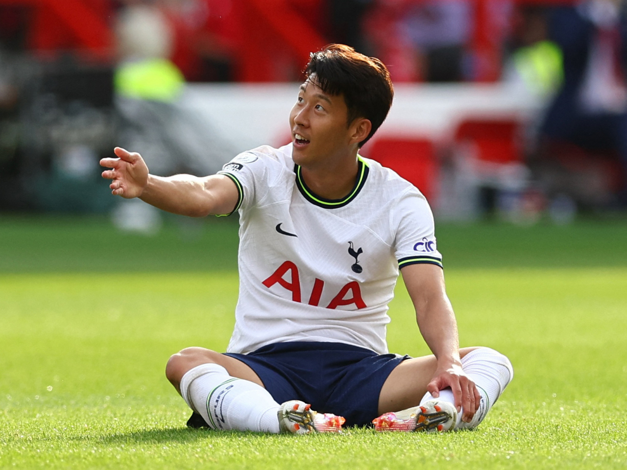In this Reuters photo, Son Heung-min of Tottenham Hotspur reacts to a play against Nottingham Forest FC during the clubs' Premier League match at The City Ground in Nottingham, England, on Sunday. (Reuters)