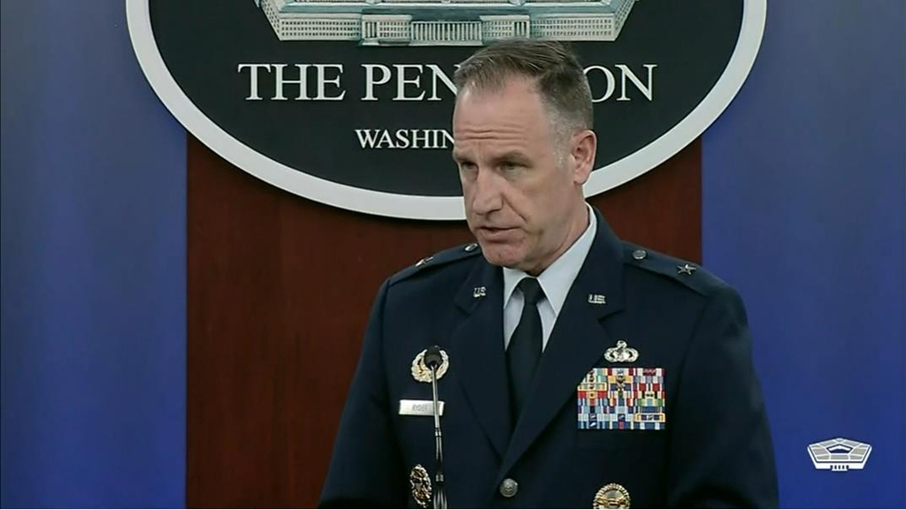 Air Force Brig. Gen. Pat Ryder, press secretary for the US Department of Defense, is seen answering questions during a press briefing at the Pentagon in Washington on Wednesday in this image captured from the department's website. (US Department of Defense)