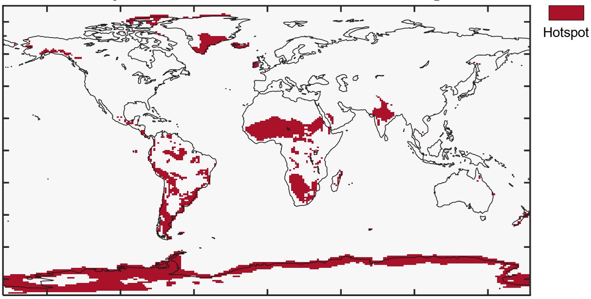 A worldwide map shows places called “hot spots” in red that will have the least climate improvability, even with reduced greenhouse gas emissions. (Yonsei University)