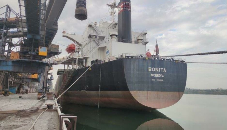 This photo, provided by POSCO International Corp. on Monday, shows a South Korea-bound vessel carrying corn waiting to depart from a port in Ukraine. (POSCO International Corp.)