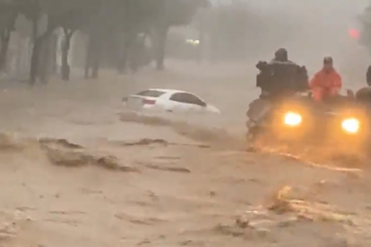 A military vehicle is deployed in Pohang, where a severe flooding is reported.