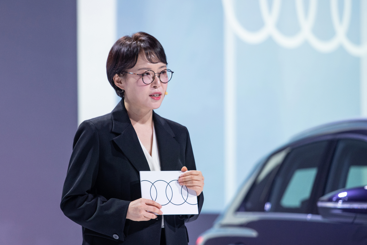 Audi Korea Executive Director Lim Hyun-ki makes her first press debut at the Q4 e-tron series launch event on Tuesday. (Audi Korea)