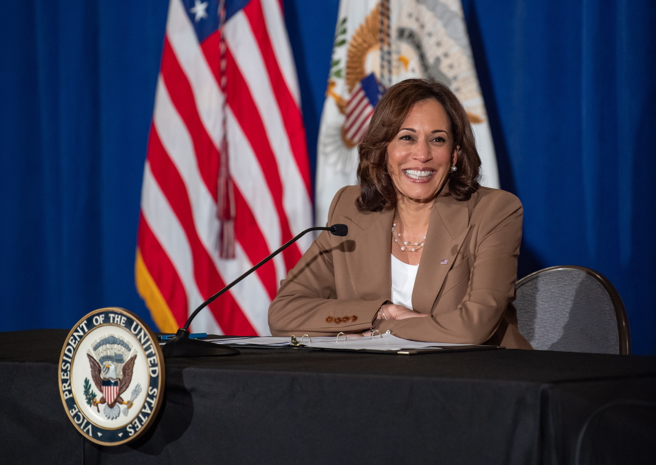 US Vice President Kamala Harris speaks during a roundtable discussion with local leaders after attending the annual Greater Boston Labor Council breakfast at the Boston Park Plaza Hotel in Boston on Monday. (EPA-Yonhap)