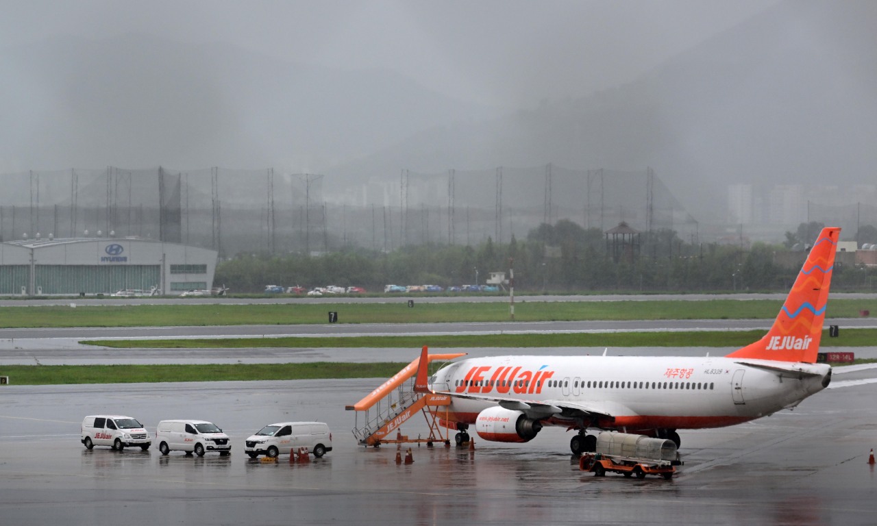 A Jeju Air B747-800 aircraft is seen at Jeju International Airport in the rainy weather on Sept. 5. (Park Hae-mook/ The Korea Herald)