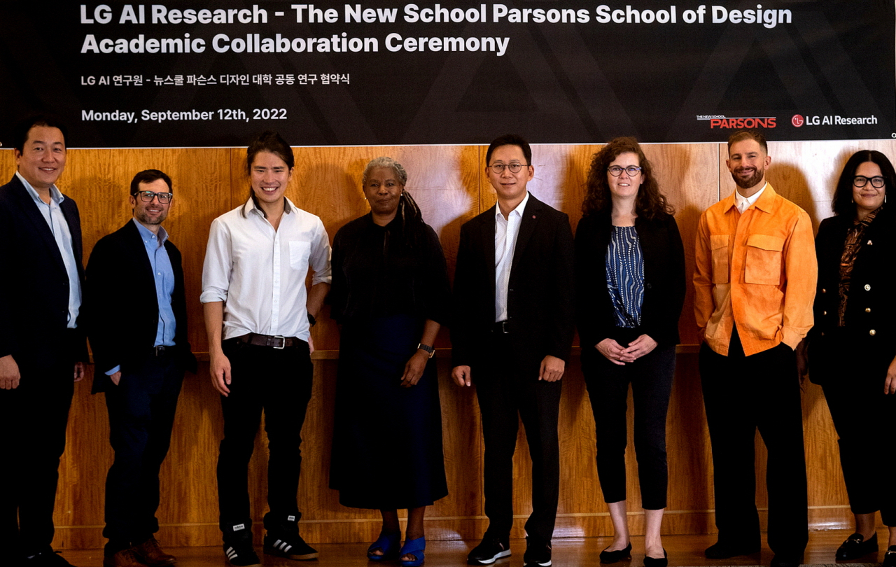 Representatives of LG AI Research and Parsons School of Design pose for a photo at the academic collaboration ceremony held Monday at Parsons campus in New York. (LG Corp.)