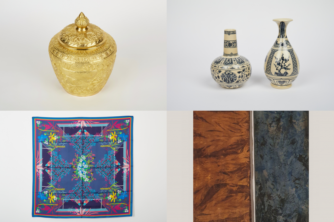 (Clockwise from top left) A handmade copper jar from Cambodia, Chu Dau pottery from Vietnam, persimmon-dyed cloth from Jeju and a silk scarf from Singapore. (ASEAN-Korea Centre)