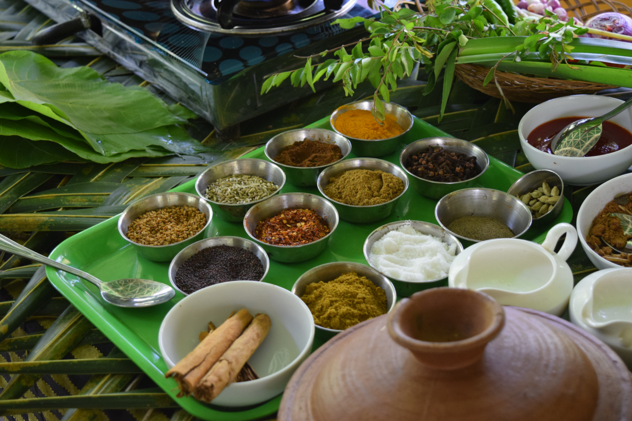 Different types of spices are set up to be used for cooking at the Euphoria Spice and Herbal Gardens, in Matale, Sri Lanka. (Kim Hae-yeon/ The Korea Herald)