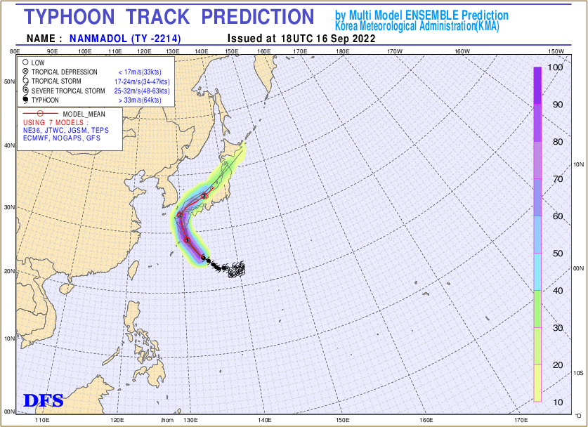 An image provided by the Korea Meteorological Administration shows a forecast of Typhoon Nanmadol`s travel route.