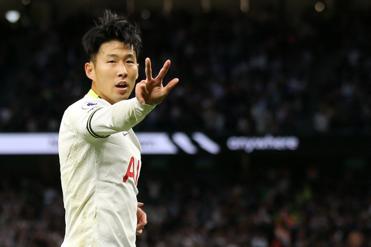 In this AFP photo, Son Heung-min of Tottenham Hotspur celebrates his hat trick goal against Leicester City during the clubs' Premier League match at Tottenham Hotspur Stadium in London on Saturday. (AFP )