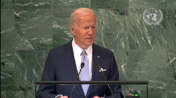 US President Joe Biden is seen addressing the UN General Assembly in New York on Wednesday, in this image captured from the website of the world body. (UN General Assembly)