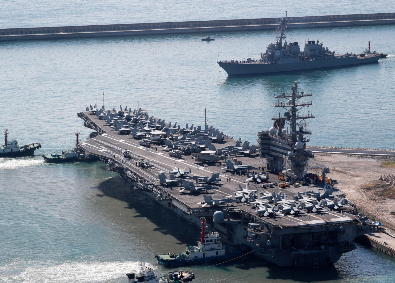 The US nuclear-powered aircraft carrier Ronald Reagan arrives at a naval base in Busan, southeastern South Korea, on Sept. 23, 2022, for its first combined drills with the South Korean Navy near the peninsula in five years, as the allies are striving to reinforce deterrence against evolving North Korean military threats. (Yonhap)
