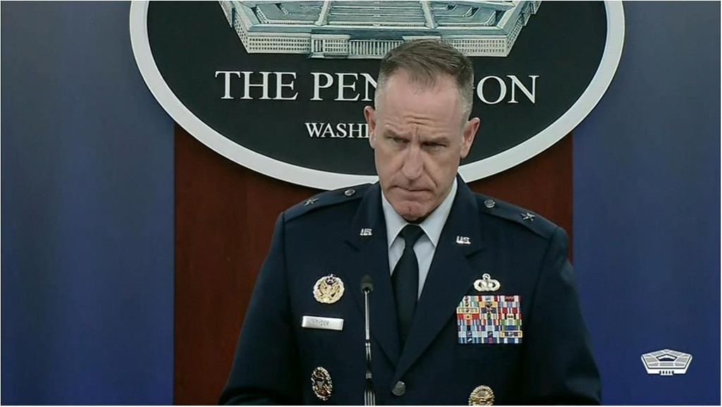 US Department of Defense spokesperson, Brig. Gen. Pat Ryder, is seen taking a question during a press briefing at the Pentagon in Washington on Tuesday in this image captured from the department's website. (US Department of Defense)
