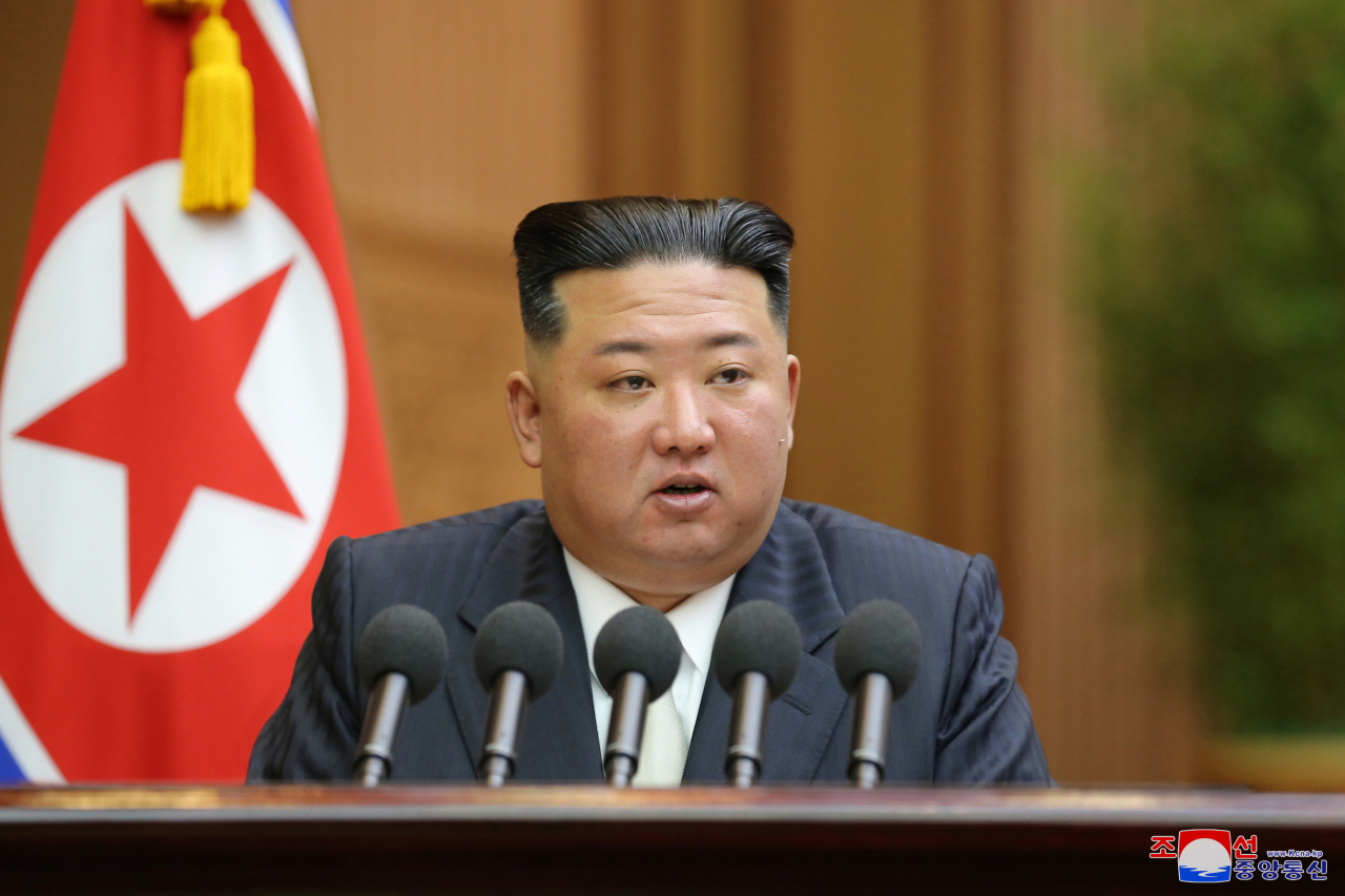 North Korean leader Kim Jong-un delivers a speech at the second-day session of the Supreme People`s Assembly in Pyongyang on Sept. 8, 2022, in this photo released by the Korean Central News Agency the following day. (Yonhap)