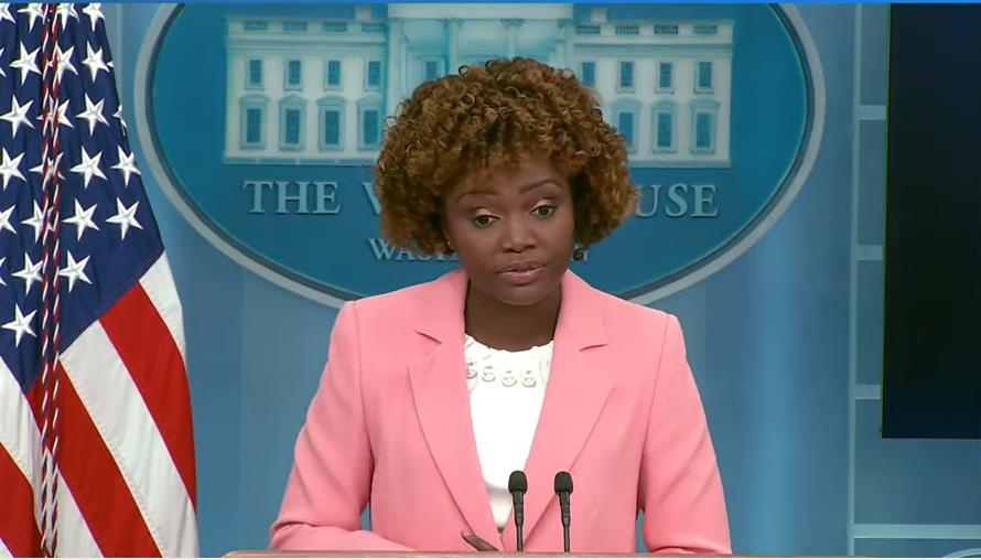White House Press Secretary Karine Jean-Pierre is seen speaking during a daily press briefing in Washington on Wednesday in this image captured from the website of the White House. (White House website)