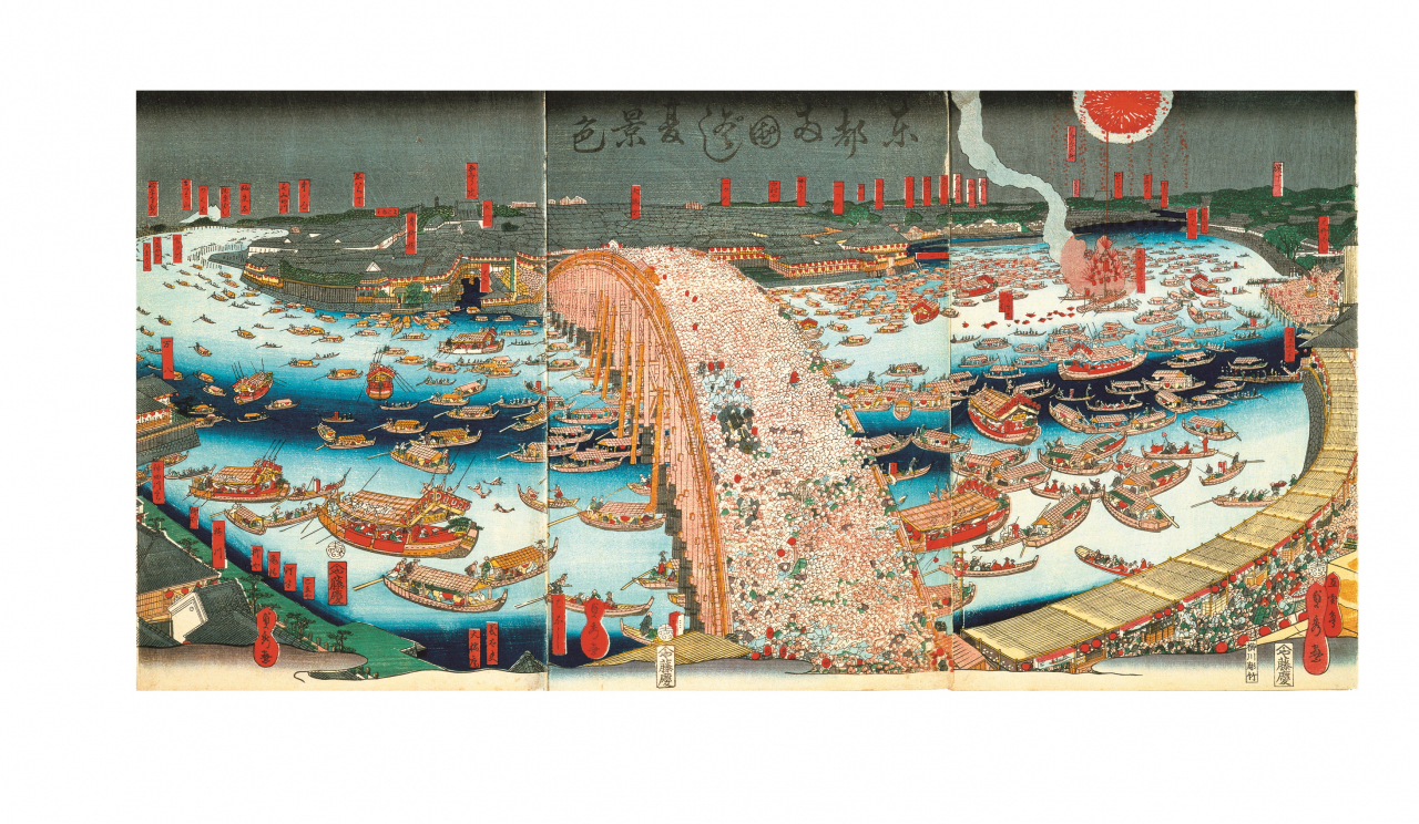 A colorful woodblock print depicting fireworks at the Ryogokubashi Bridge in the Summer (Edo-Tokyo Museum-Seoul Museum of History)